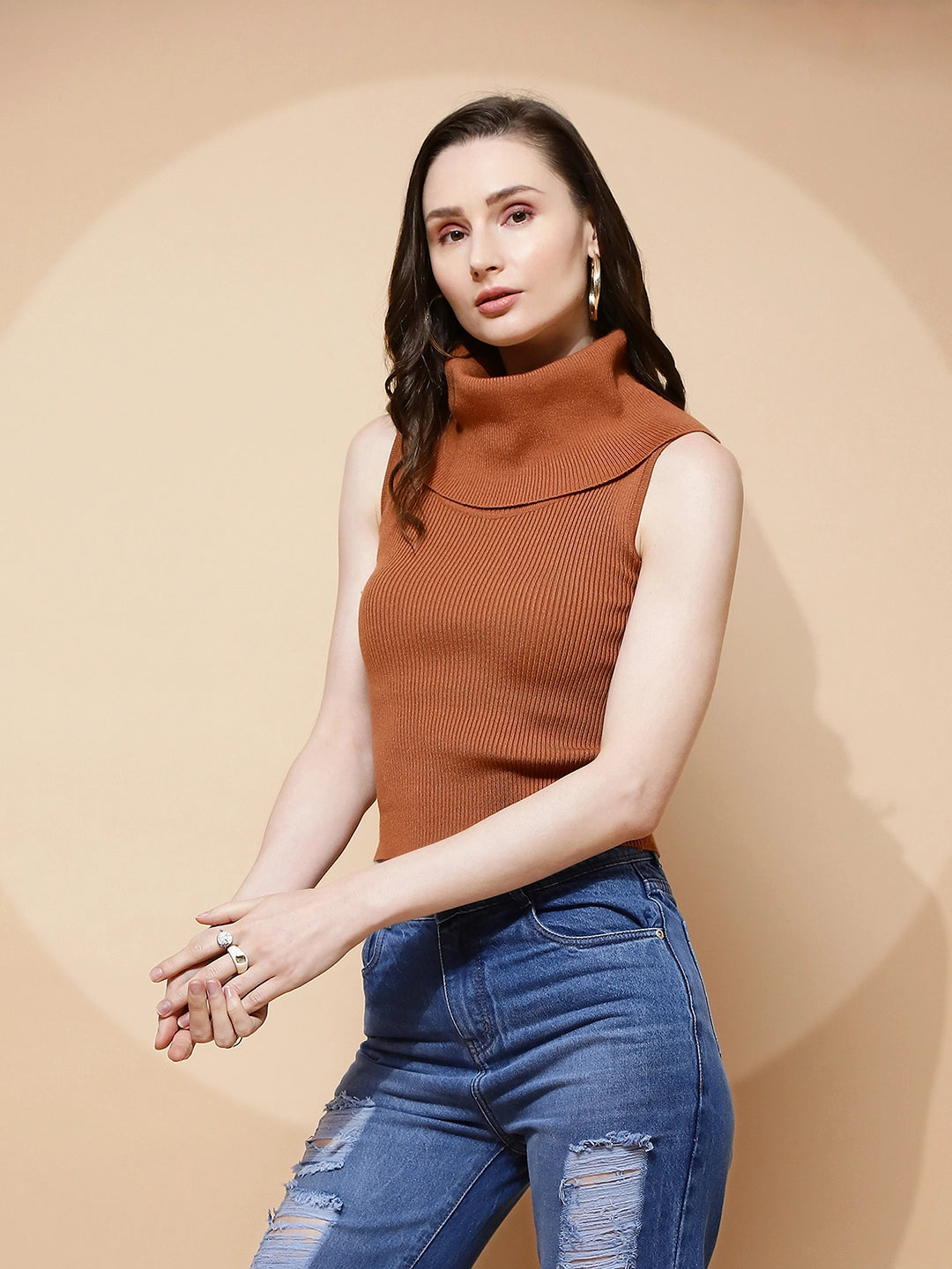 Rust Polyester Blend Regular Fit Top For Women