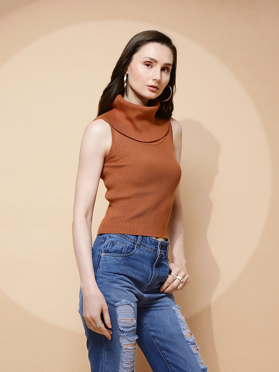 Rust Polyester Blend Regular Fit Top For Women