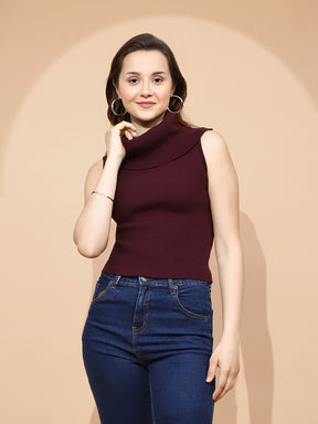 Wine Polyester Blend Regular Fit Top For Women