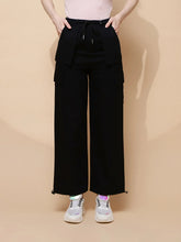 Black Cotton Relaxed Fit Cargo For Women