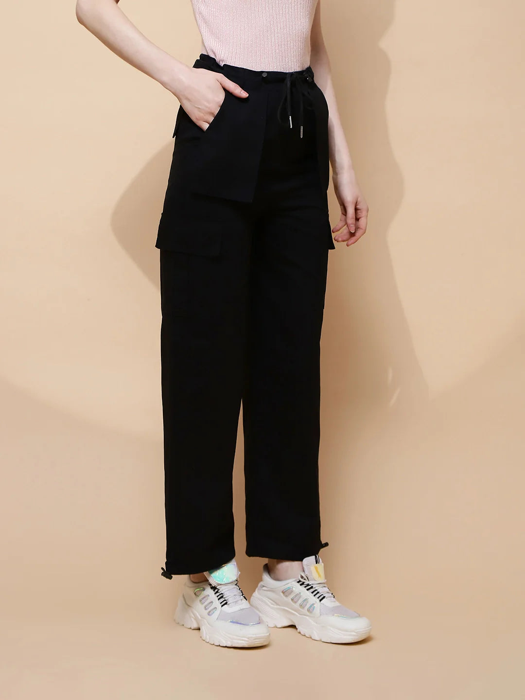 Black Cotton Relaxed Fit Cargo For Women