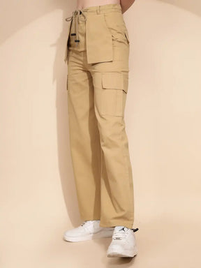 Khaki Cotton Relaxed Fit Cargo For Women