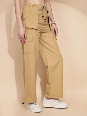 Khaki Cotton Relaxed Fit Cargo For Women