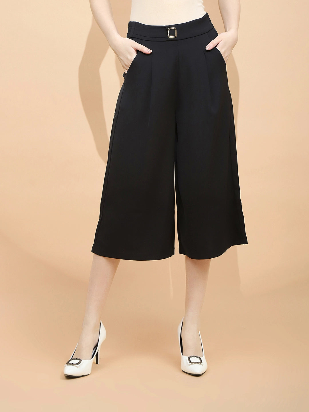 Black Polyester Blend Loose Fit Culottes For Women