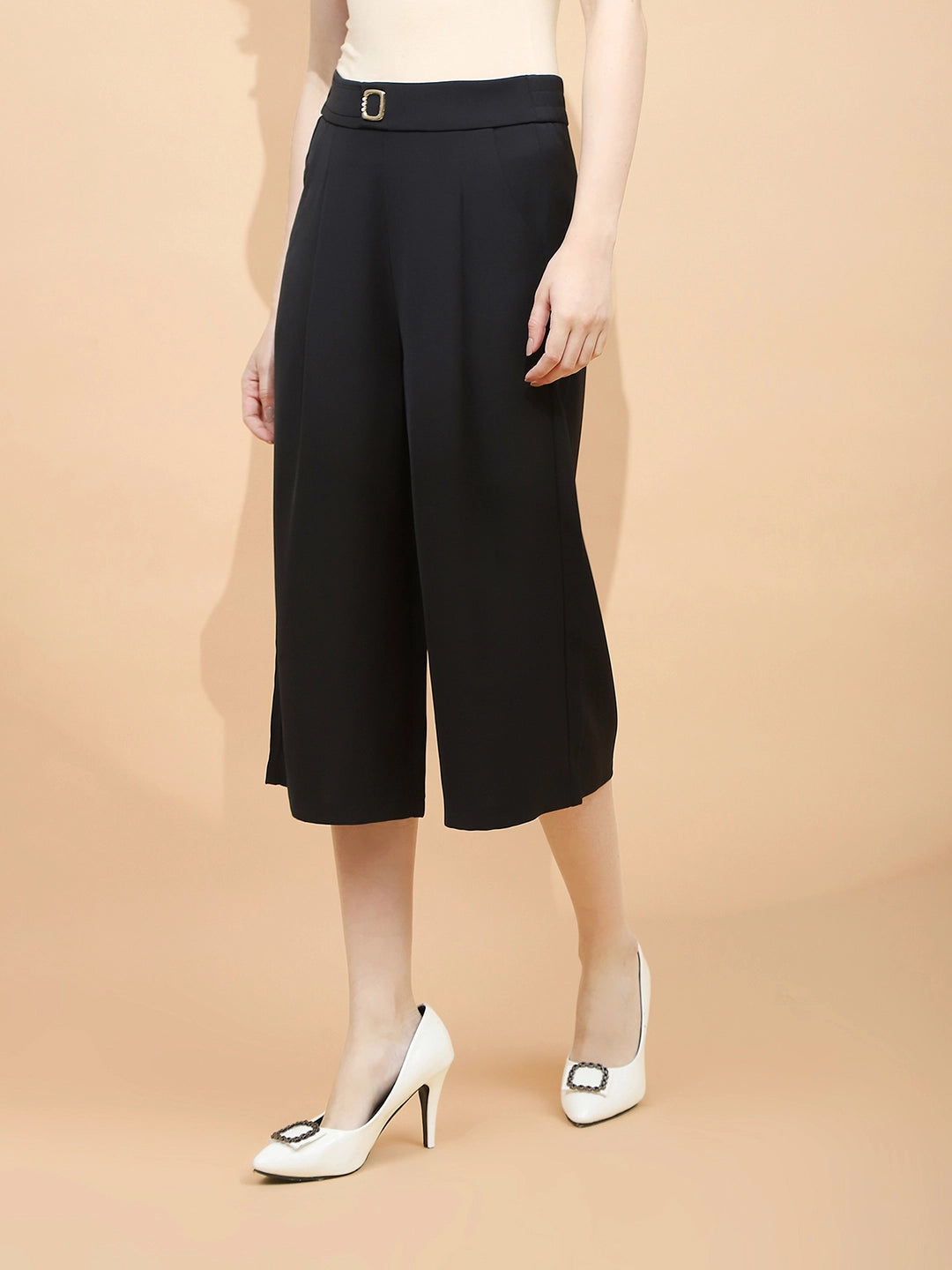 Black Polyester Blend Loose Fit Culottes For Women