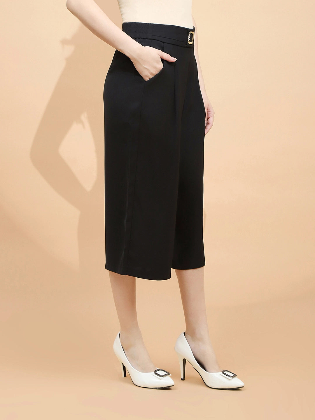 Black Polyester Blend Loose Fit Culottes For Women