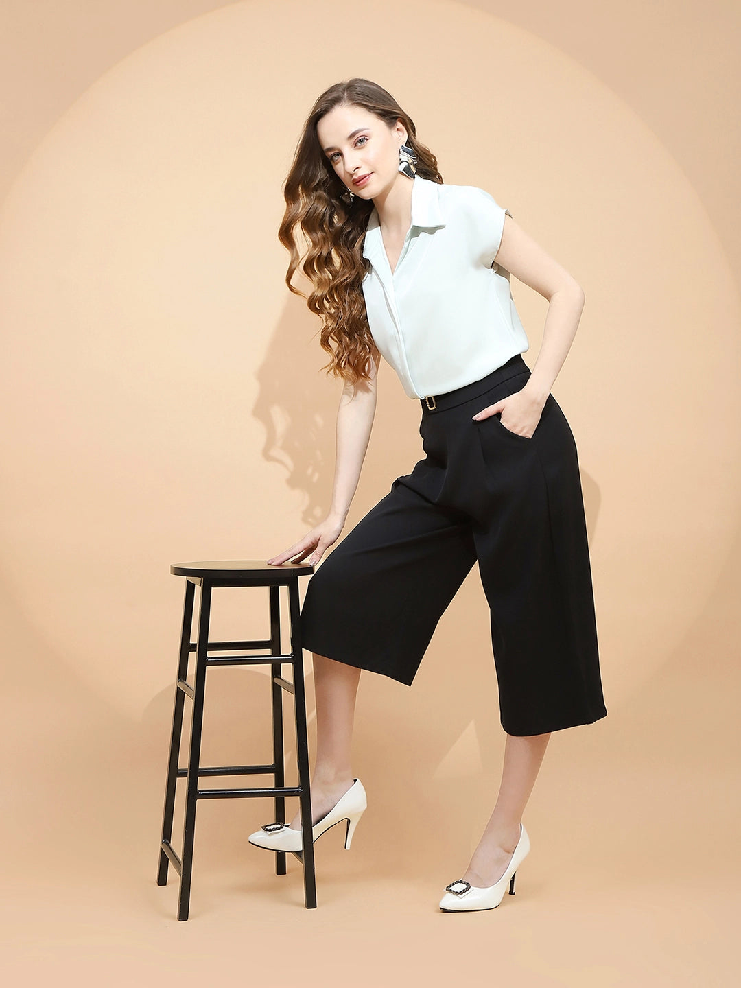 Black Polyester Blend Loose Fit Culottes For Women