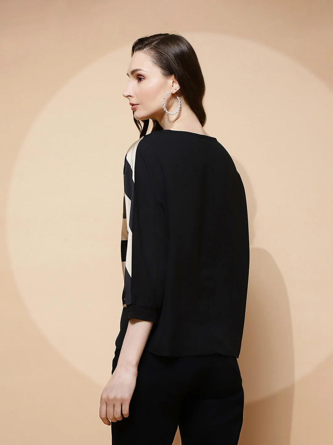 Beige and Black Polyester Blend Regular Fit Blouse For Women