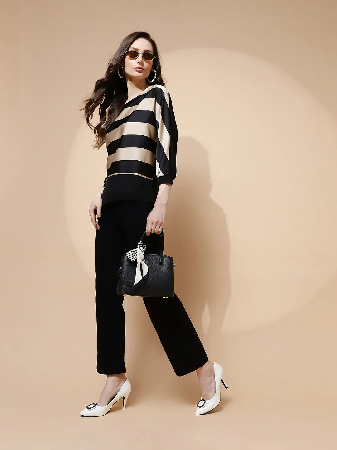 Beige and Black Polyester Blend Regular Fit Blouse For Women