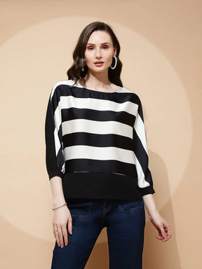 Black and White Polyester Blend Regular Fit Blouse For Women