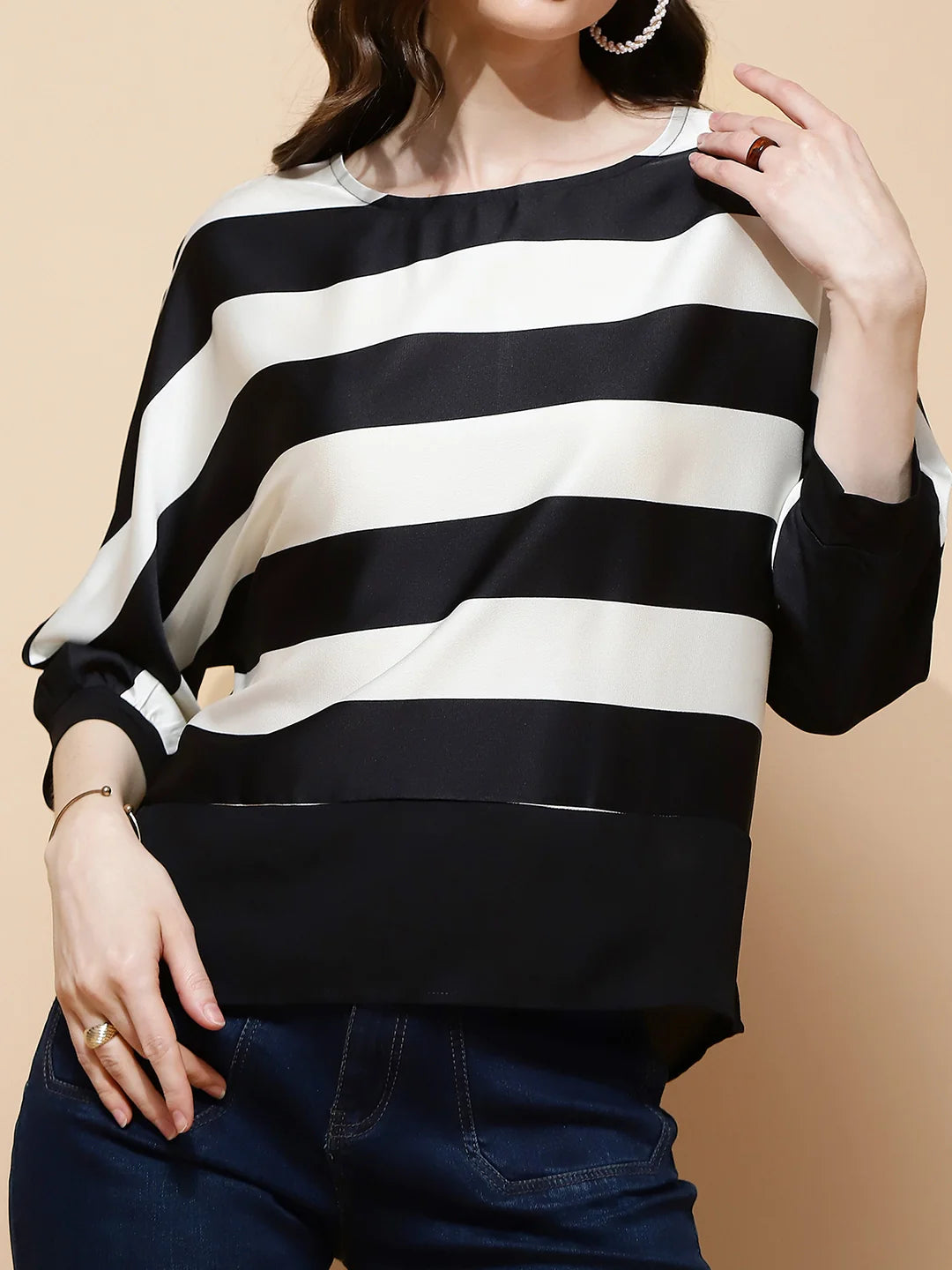 Black and White Polyester Blend Regular Fit Blouse For Women