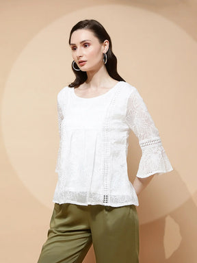 White Polyester Blend Regular Fit Blouse For Women