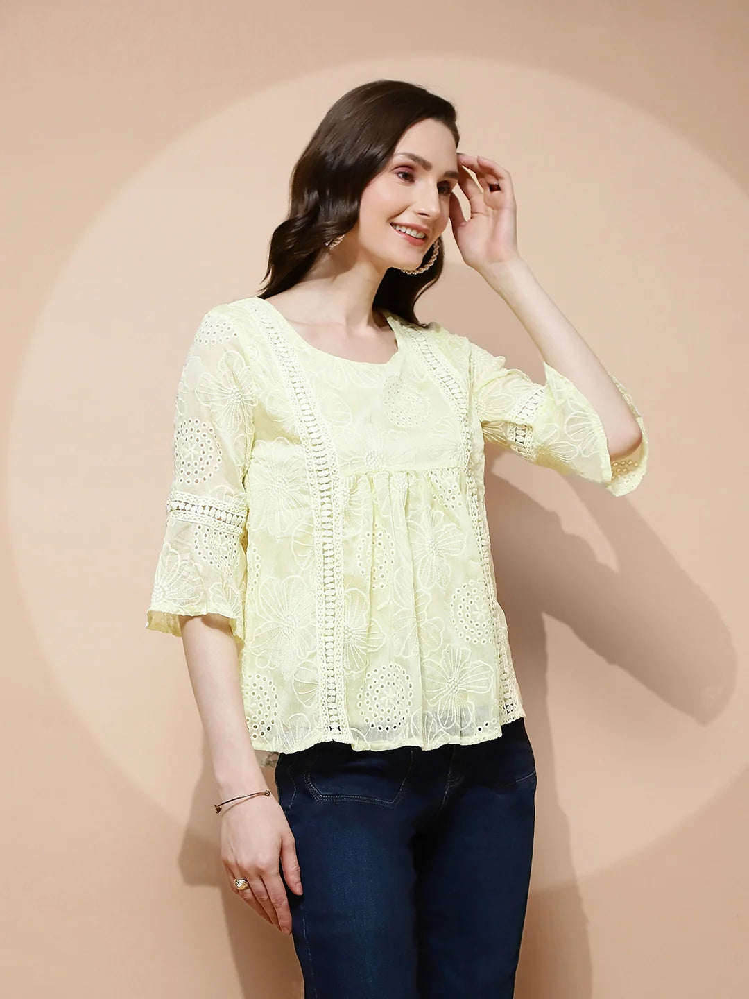 Yellow Polyester Blend Regular Fit Blouse For Women