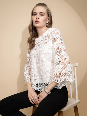 White Polyester Blend Loose Fit Blouse For Women