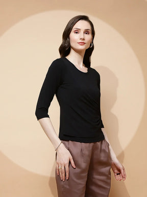 Black Polyester Blend Regular Fit Top For Women