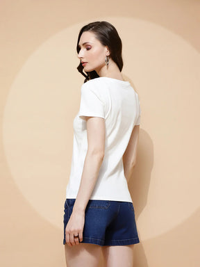 White Cotton Blend Regular Fit Top For Women