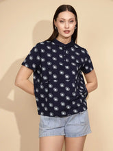 Navy Cotton Blend Regular Fit Top For Women