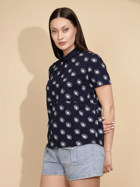 Navy Cotton Blend Regular Fit Top For Women