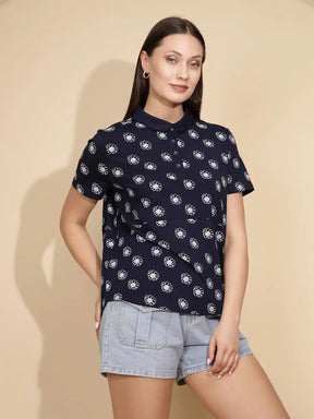 Navy Cotton Blend Regular Fit Top For Women