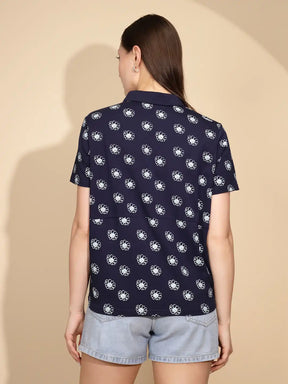 Navy Cotton Blend Regular Fit Top For Women