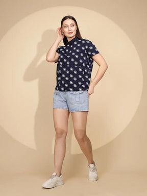 Navy Cotton Blend Regular Fit Top For Women