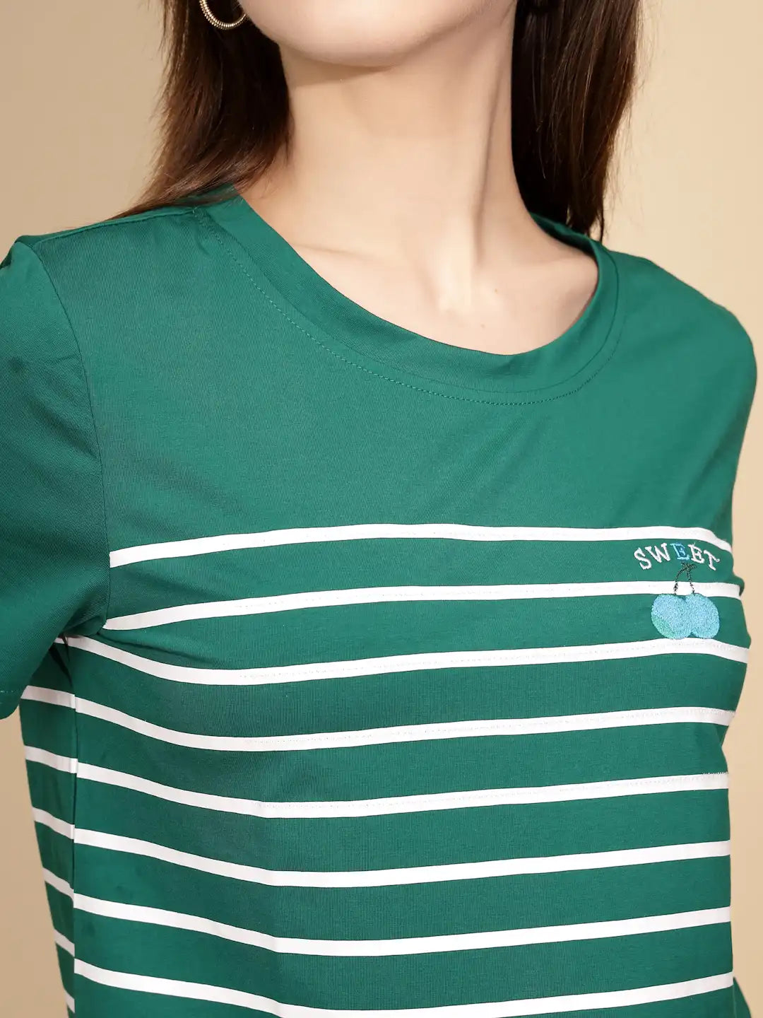 Green Cotton Blend Regular Fit Top For Women