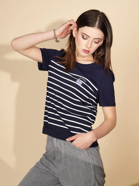 Navy Blue Cotton Blend Regular Fit Top For Women