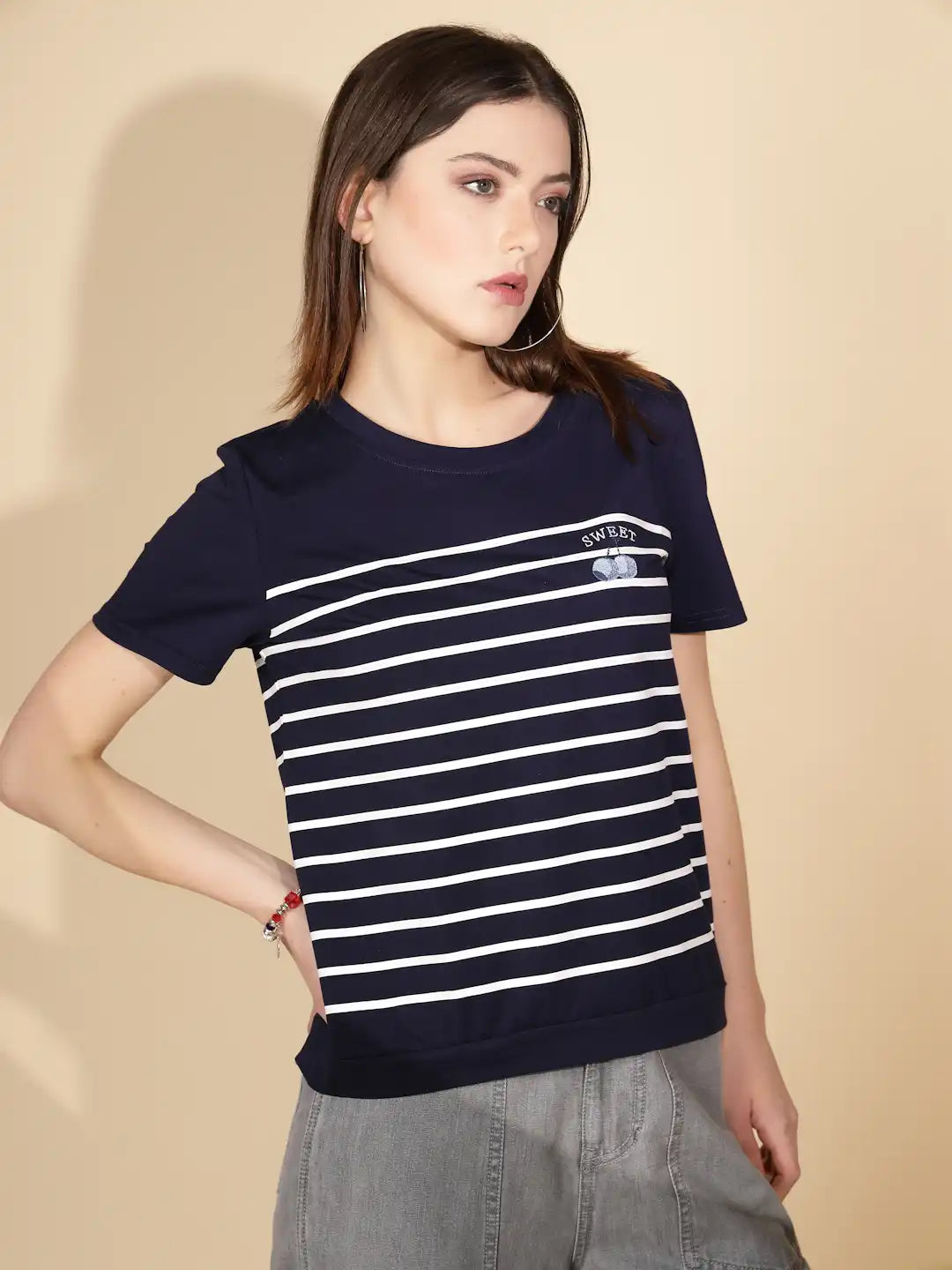 Navy Cotton Blend Regular Fit Top For Women