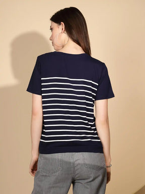 Navy Blue Cotton Blend Regular Fit Top For Women