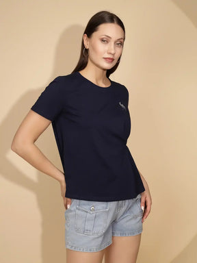 Navy Cotton Blend Regular Fit Top For Women