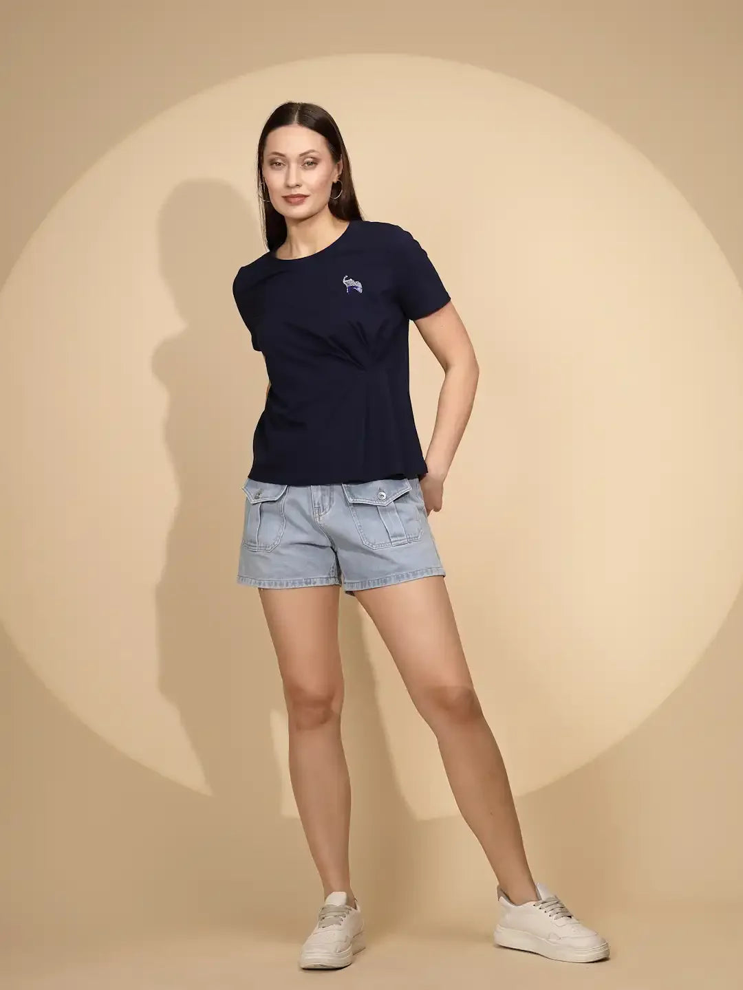 Navy Cotton Blend Regular Fit Top For Women