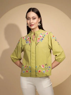 Green Cotton Regular Fit Blouson Top For Women