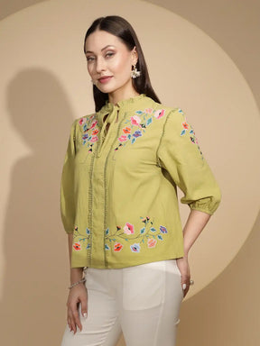 Green Cotton Regular Fit Blouson Top For Women