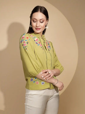 Green Cotton Regular Fit Blouson Top For Women