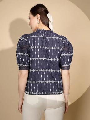 Navy Cotton Regular Fit Blouson Top For Women