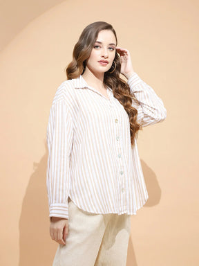 Brown And White Cotton Tailored Fit Shirt For Women