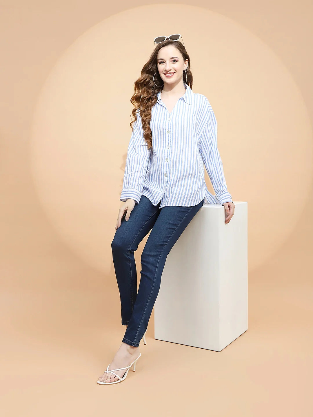 Blue And White Cotton Tailored Fit Shirt For Women