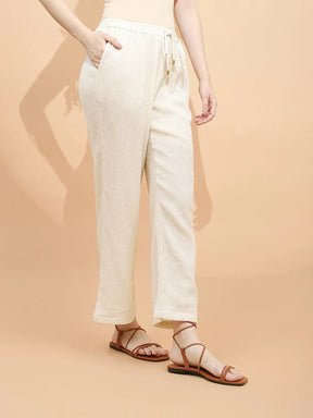 Natural Beige Linen Relaxed Fit Lower For Women