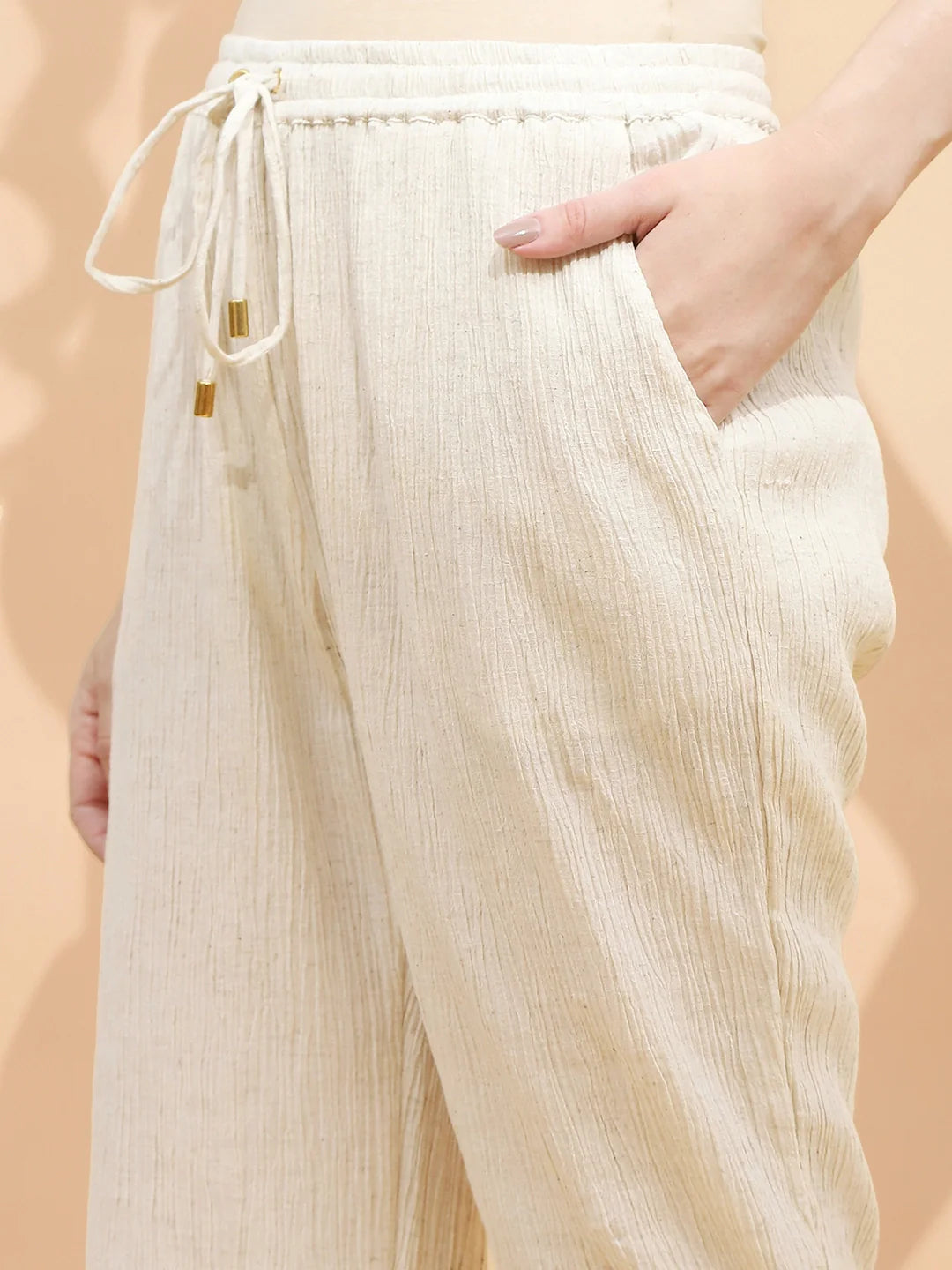 Natural Beige Linen Relaxed Fit Lower For Women