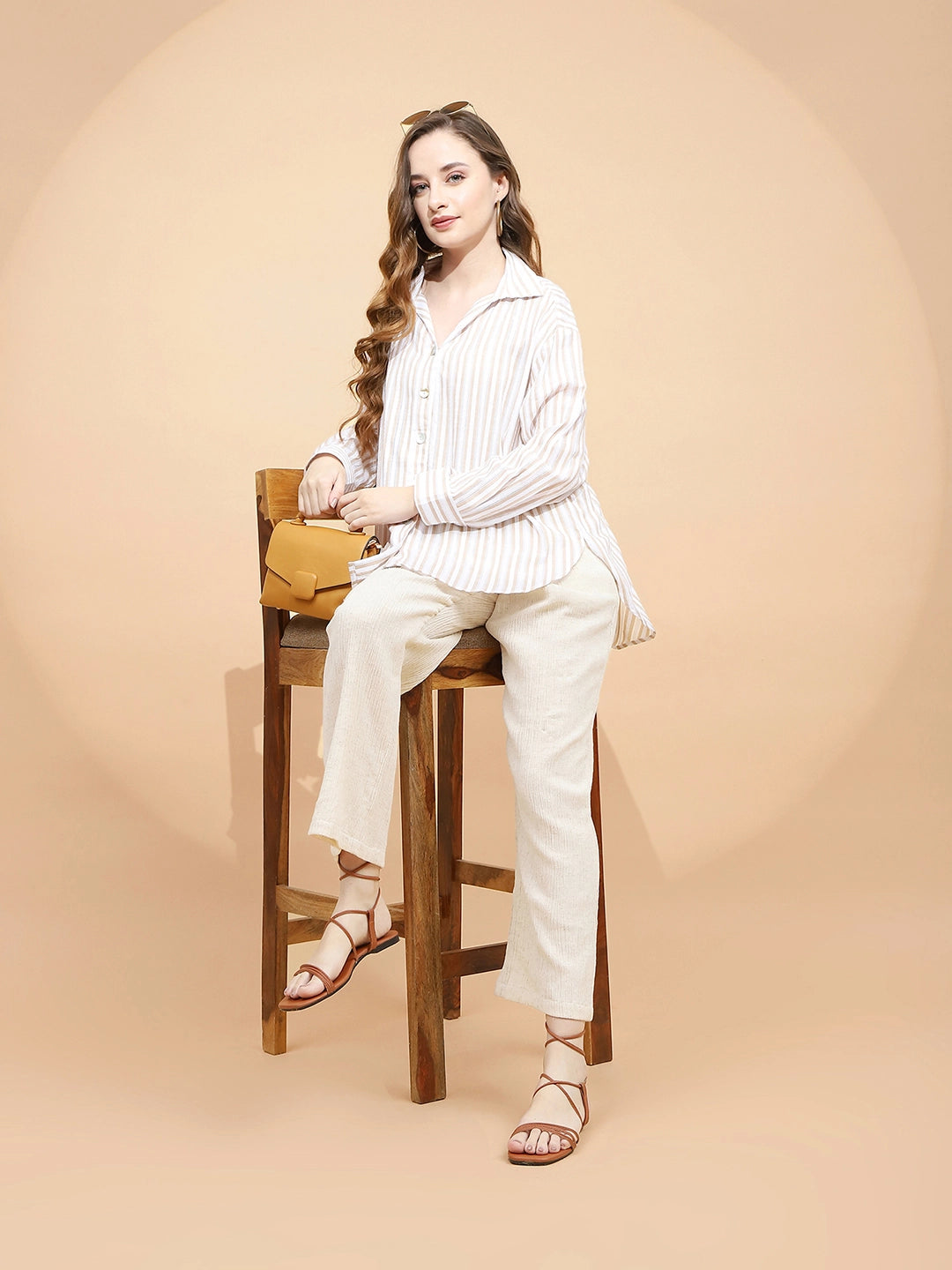 Natural Beige Linen Relaxed Fit Lower For Women