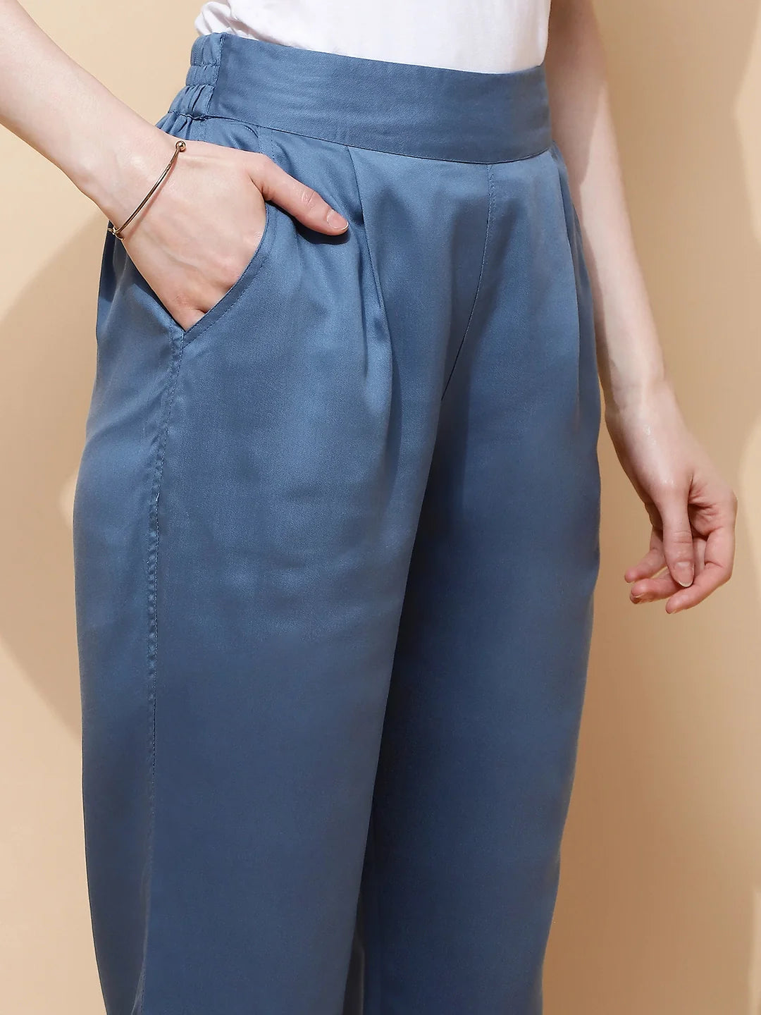 Blue Rayon Relaxed Fit Lower For Women