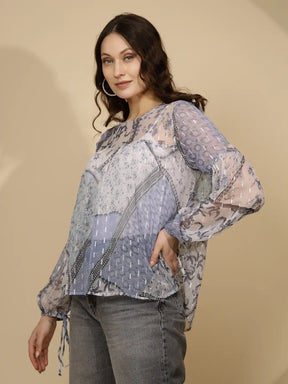 Light Blue Chiffon Regular Fit Blouson Top For Women