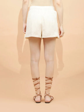 Natural Beige Linen Regular Fit Shorts For Women