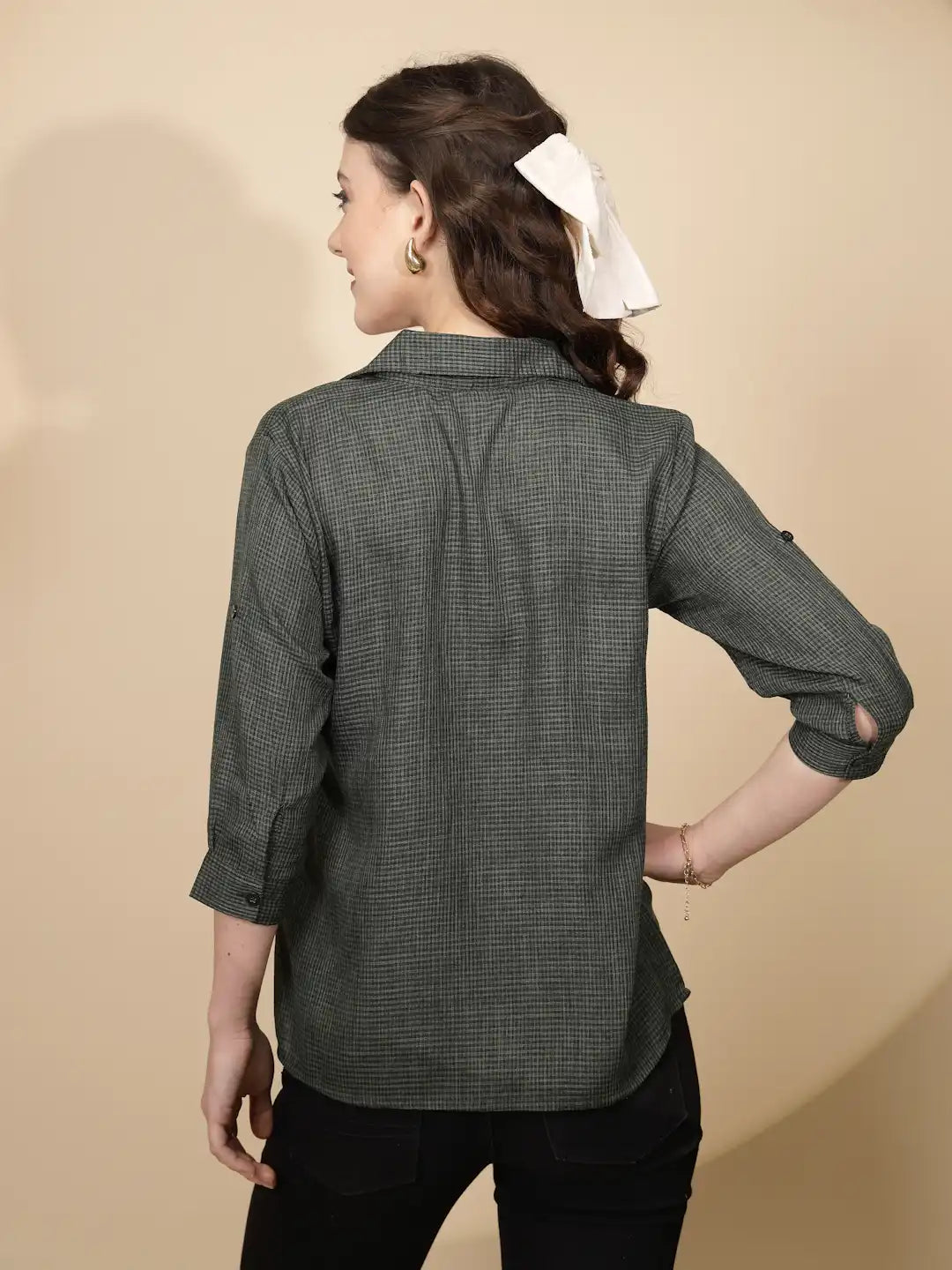 Olive Polycotton Regular Fit Blouson Top For Women