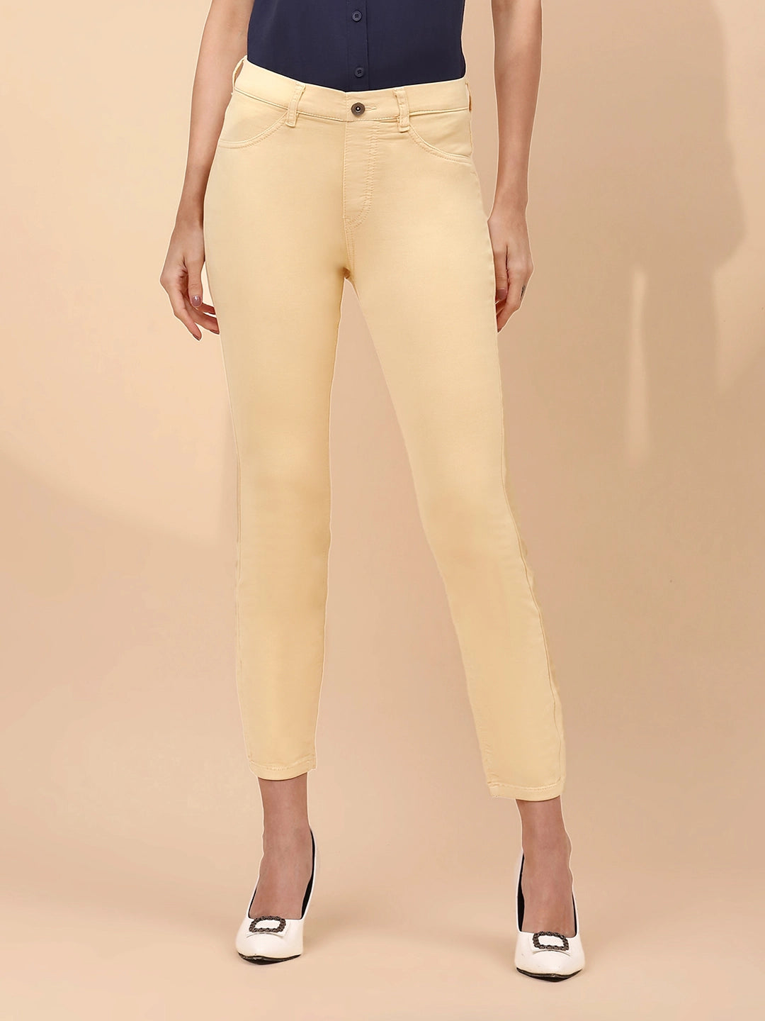Light Yellow Cotton Blend Slim Fit Jegging For Women