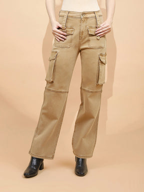 Tan Brown Cotton Regular Fit Cargo For Women