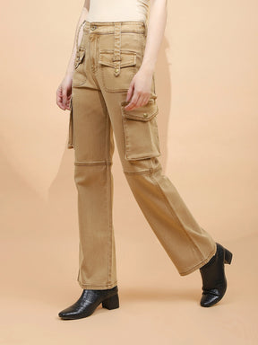 Tan Brown Cotton Regular Fit Cargo For Women