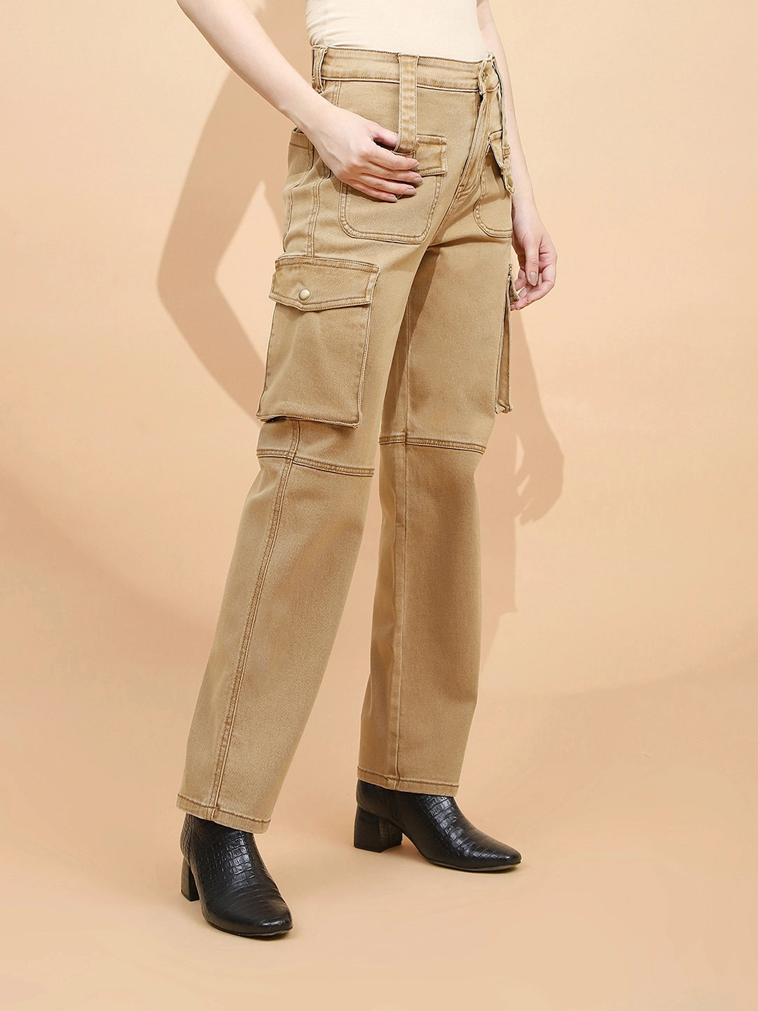 Tan Brown Cotton Regular Fit Cargo For Women