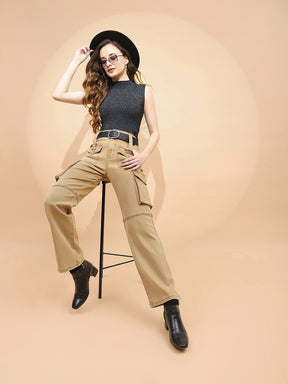 Tan Brown Cotton Regular Fit Cargo For Women