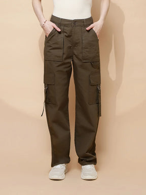 Olive Cotton Straight Relaxed Fit Cargo For Women